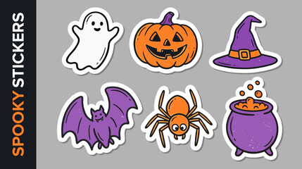 Fototapeta premium Cute Halloween Sticker Collection with Ghost Pumpkin Bat Spider Witch Hat and Cauldron Cartoon Vector Set