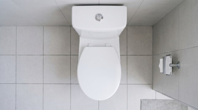Bathroom top view of modern white toilet against tiled floor for interior design and home renovation inspiration