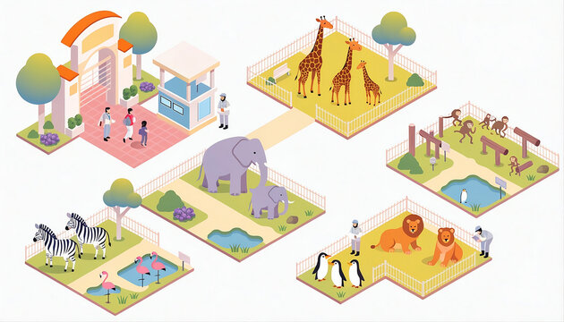 Isometric zoo illustration with wild animals. Vector park map with enclosures and visitors.