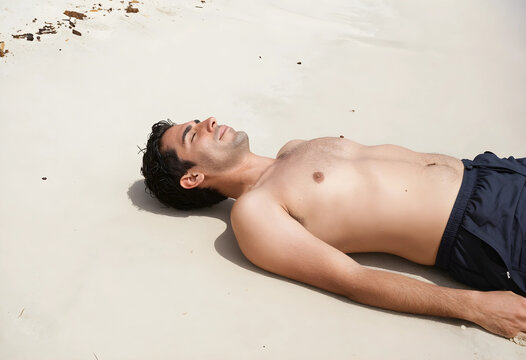 Young man relaxing on a sandy beach, enjoying sunbathing and summer vacation, with eyes closed in peaceful repose