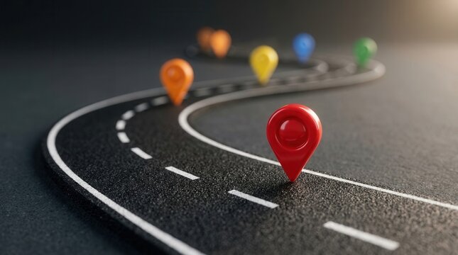 Colorful markers on a winding road path illustrating journey progress and future goals.