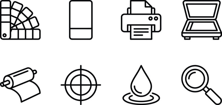 Graphic Design and Printing Service Line Icon Set Vector with Color Palette Printer Scanner and Roller Elements