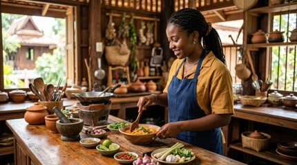 Obraz premium Woman happily preparing a flavorful meal in a rustic, traditional kitchen setting
