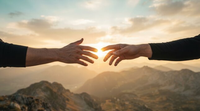 Two hands reach towards each other across a mountain landscape at sunset symbolizing hope, help, togetherness, and connection.