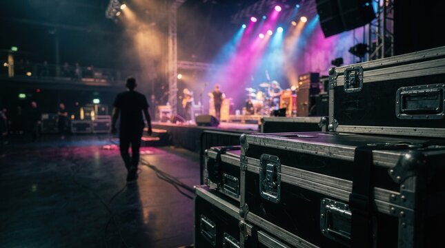 Road cases stack on a concert stage before a performance with glowing pink and blue lights.