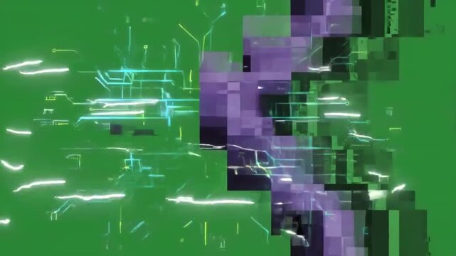 Glitchy digital screen distortion with flickering signal interference and green screen chroma key background overlay