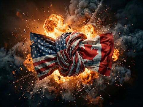 International conflict of USA and Canada. For broken treaties, political tension, trade war disputes, crisis, or severe strain in diplomatic alliance