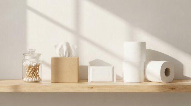 Cotton swabs in jar with tissue box and toilet paper rolls on shelf.