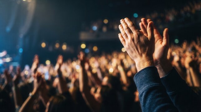 Audience applauds performer under stage lights, celebrating a successful show with hands clapping in unison.