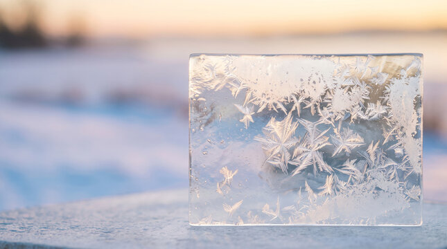 Clear ice block with intricate frost crystal patterns, frozen winter texture, natural ice formation, abstract cold background and seasonal copy space