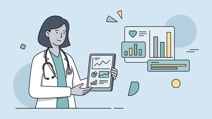 Fototapeta premium Doctor Holding Digital Health Analytics Dashboard Flat Vector Illustration with Electronic Medical Records and Healthcare Data