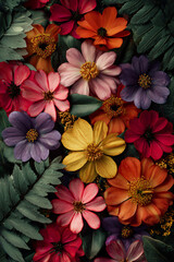 Fototapeta premium flowers arrangement of colorful blossoms and petals in different sizes and shapes, red yellow palette on dark background, photorealistic