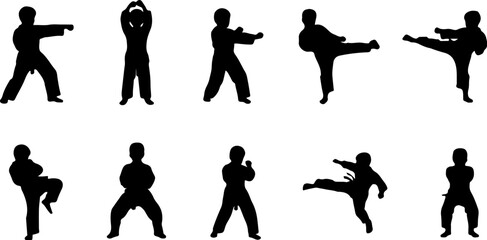 young karate fighter silhouette set children martial arts taekwondo vector graphic © Srabon