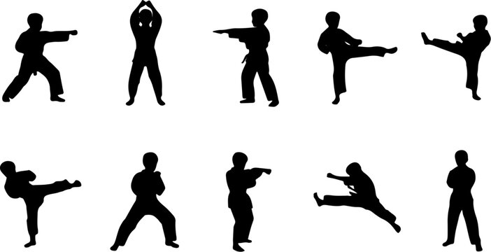 martial arts children silhouettes set karate and taekwondo practice vector art