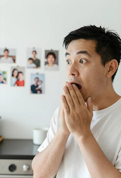 Surprised asian man with hands covering mouth, expressing shock and disbelief in a home setting
