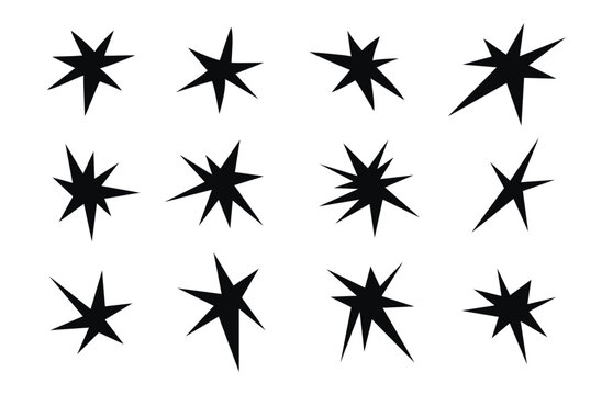 Abstract funky irregular shaped star burst icons collection. Minimal black sparkle symbols set. Modern vector illustration isolated on white background