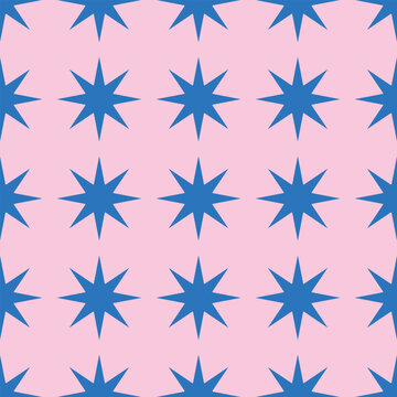 Vector seamless pattern with blue stars on pink background, retro geometric repeating design for wallpaper, textile and fabric