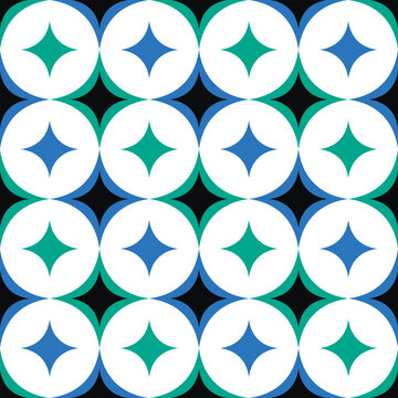 Vector seamless pattern with green, blue and black diamond stars in white circles retro geometric background isolated on white background