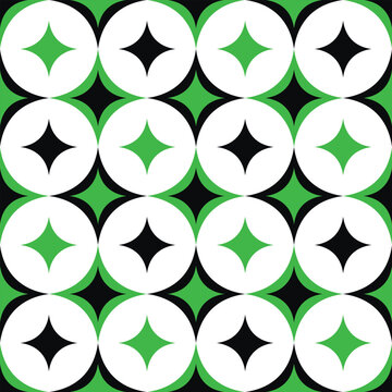 Vector seamless pattern with green and black diamond stars in white circles retro geometric background isolated on white background