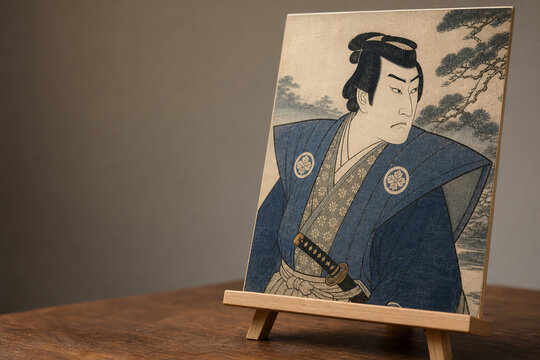 Ukiyo-e woodblock print detail of samurai kamishimo with crest on easel, art display concept