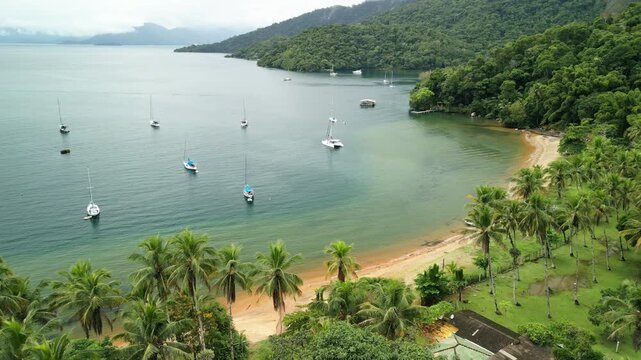 Boats anchored in a calm bay. Ilha Grande, Brazil