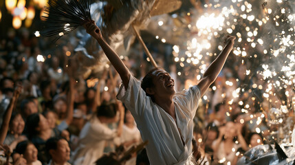 Fototapeta premium Energetic Participant Celebrating During the Traditional Heshun Fire Dragon Dance Performance With Glowing Sparks and Joyful Crowd