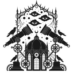 Fototapeta premium Gothic observatory with telescopes eyes and crows on transparent background steampunk architecture art.