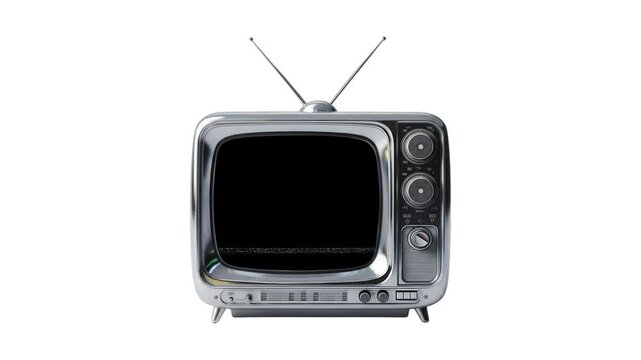 A pristine chrome retro television, featuring rabbit ear antennas, embodying the concept of vintage broadcast media and nostalgic entertainment from the past