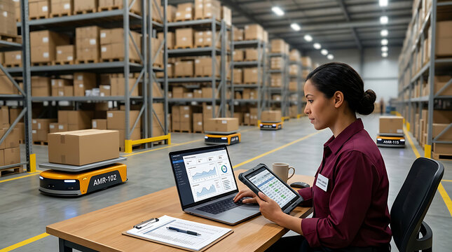 Professional logistics operator using computer to monitor autonomous mobile robots in large warehouse with supply chain