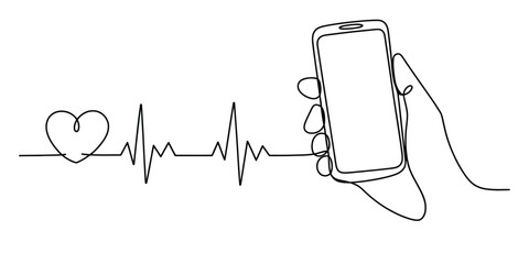 Fototapeta premium Continuous single line drawing of a hand holding a smartphone connected to a heart beat pulse rhythm Vector, illustration