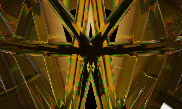 Futuristic abstract 3d geometric glass structure background with golden amber crystal refraction and kaleidoscope prism light reflections