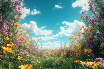 Fototapeta premium flowery field, beautiful meadow with colorful wild flowers against blue sky with white clouds, low angle, photorealistic