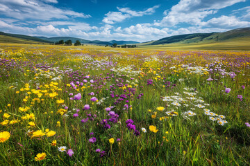 Obraz premium flowery field, beautiful meadow with colorful wild flowers against deep blue sky with white clouds, low angle, photorealistic