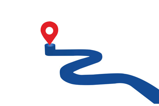 3d illustration of a blue winding path leading to a red location pin marker