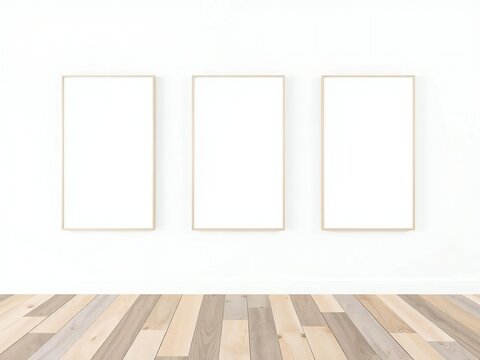 Empty picture frames on minimalist wall for gallery display. Three blank white frames ready for custom artwork or photo prints.