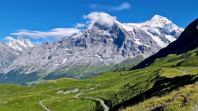 Cinematic panoramic video footage of breathtaking hiking trail on M&auml;nnlichen in the Swiss Alps, view of pyramidal peak and snow-capped summits, winding path, alpine lakes, Lauterbrunnen valley