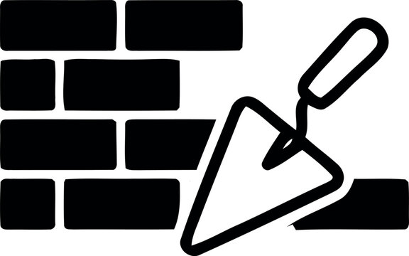 A black and white vector icon representing a brick wall construction process with a masonry trowel tool for building projects