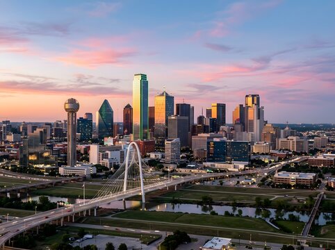 Stunning aerial view of the dallas texas skyline at sunset with the margaret hunt hill bridge