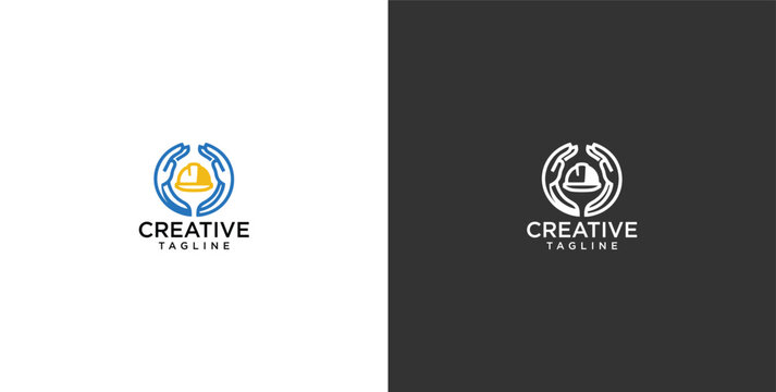 Hand care construction safety logo design vector template with building and hardhat icon