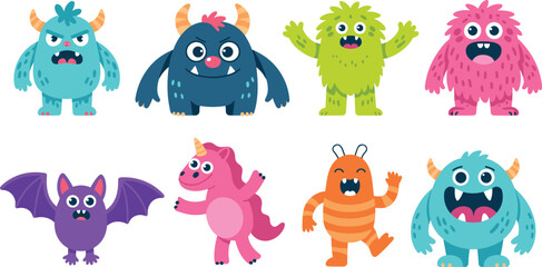 Fototapeta premium Assortment of playful cartoon monsters, including a bat and unicorn, with bold colors and expressive faces