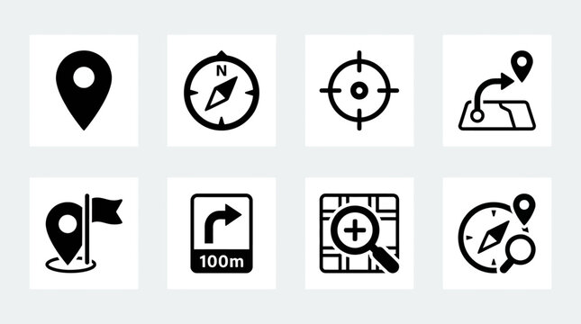 Black map navigation icon set with location pins, route path, compass, arrows, zoom, and destination flag for digital map apps
