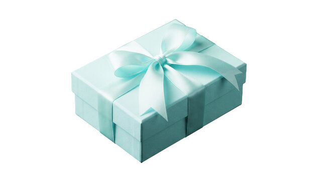 Light light blue-green gift box with satin bow isolated PNG, present for birthday or special occasion on transparent background 