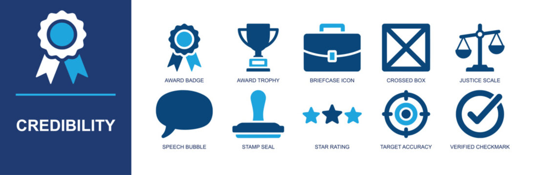 Credibility icon set. Containing award badge, trophy, briefcase, crossed box, justice scale, speech bubble, stamp seal, star rating, target and verified checkmark. Solid fill vector icons.