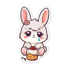 Fototapeta premium Cute Grey Kawaii Bunny Sad Empty Cookie Jar Flat Vector Sticker Illustration