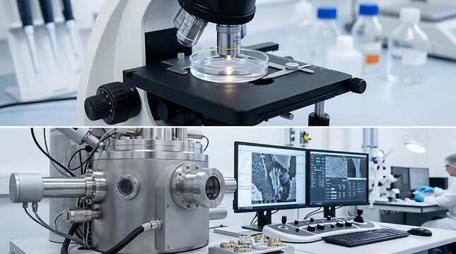 High resolution microscopic analysis and scanning electron microscope equipment in modern research laboratory