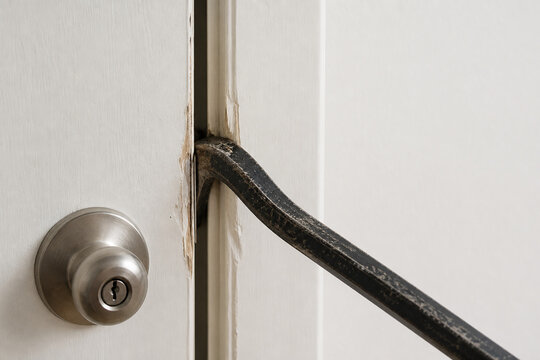 crowbar. Crowbar wedged into door gap with paint scratches and dented frame, home security and emergency concept, real-estate listings.
