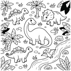 Fototapeta premium Coloring Page Featuring Various Dinosaurs in a Tropical Jungle Setting