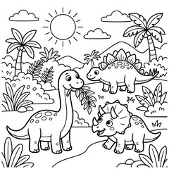 Fototapeta premium Fun Coloring Page Featuring Cartoon Dinosaurs in a Lush Prehistoric Landscape