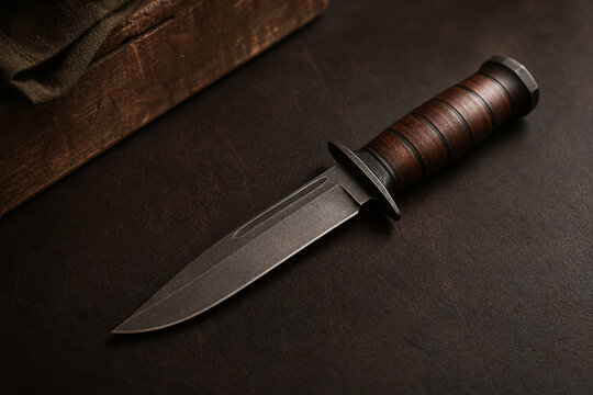 Military-style knife on dark leather mat, preparedness and craftsmanship concept