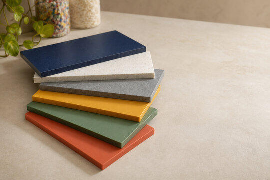 Colorful fused plastic board samples, sustainable recycled material for design and corporate concepts